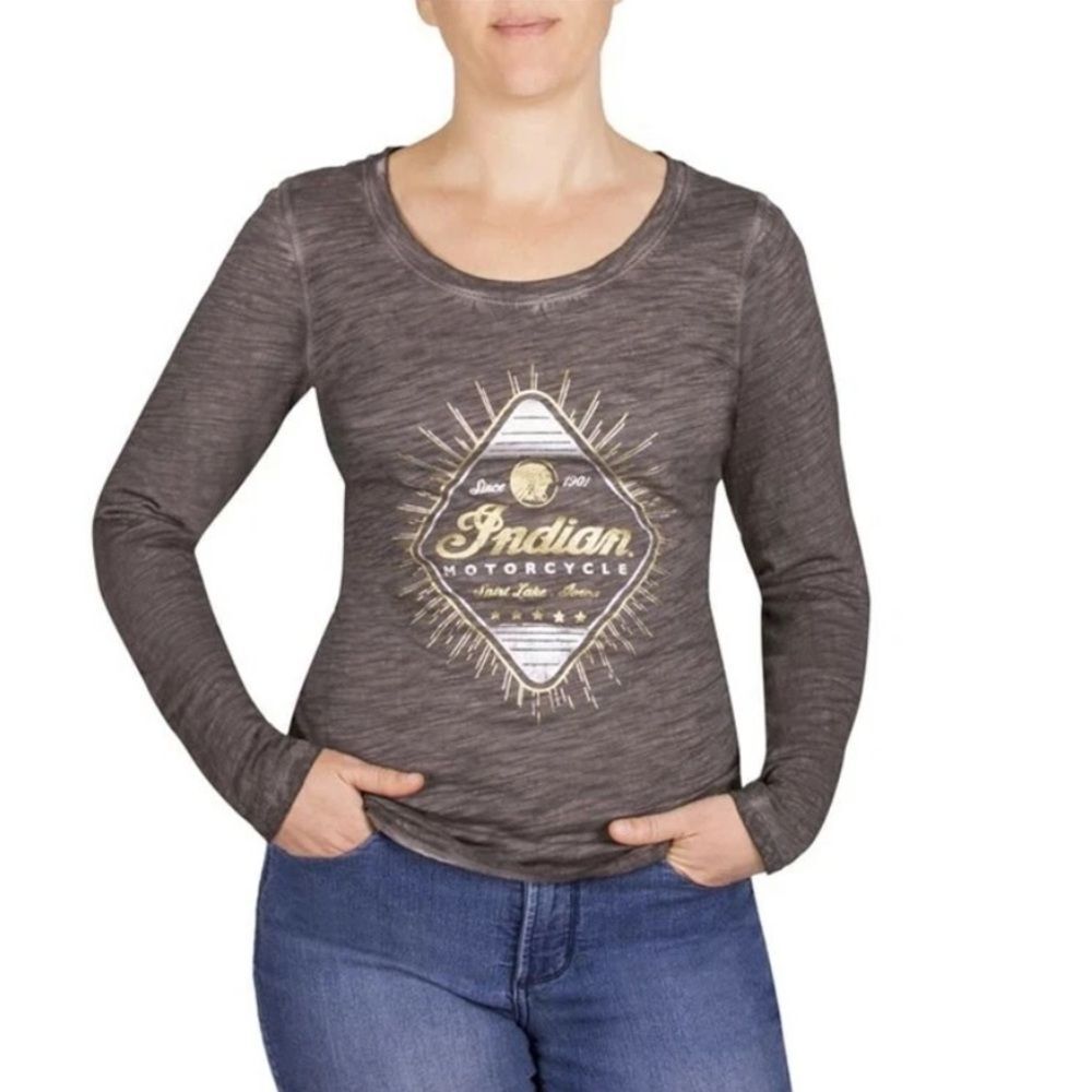 Indian Motorcycle Gray Long Sleeve Lace Back Diamond Logo T-shirt Ladies Small